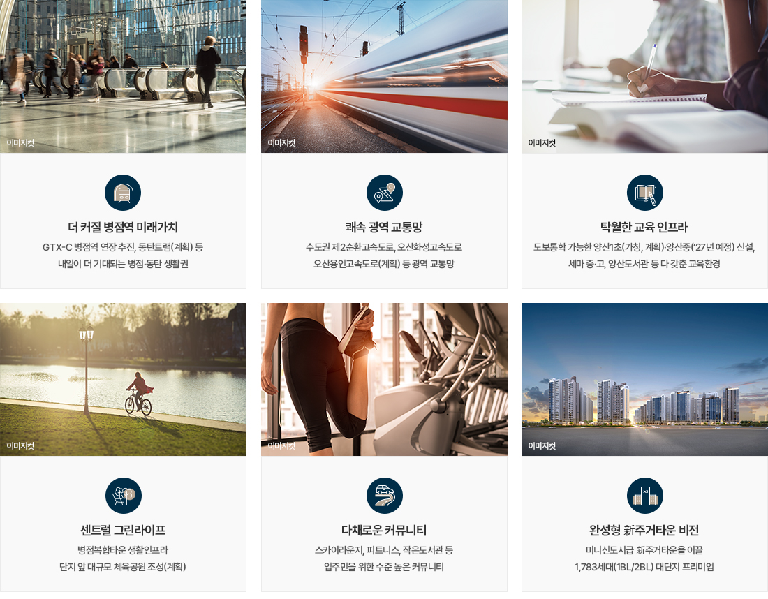 미래가치, 광역교통, 교육, 녹지, 커뮤니티, 브랜드 여섯 항목으로 정리한 오산헤리티지자이 요약 자료
